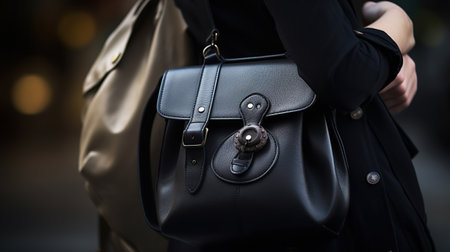 Close up woman black leather big bag in hand, generative aiの素材