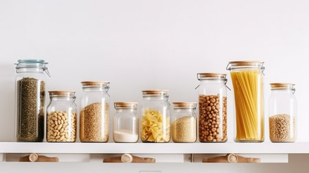 Glass Jar Set with Various Pasta and Beans on Kitchen Shelf. Storage Layout for Different Ingredients on White Background with Copy Space. Generative AIの素材