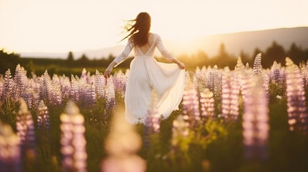 A beautiful bride in wedding dress dancing alone in field of lupine flowers on sunset. Generative AIの素材