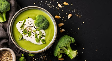 Broccoli Cream Soup Dish in Deep Plate. Cauliflower, Pumpkin Seeds and Sesame Scattered on Dinnertable. Diet Creamy Lunch Isolated on Black Background. Generative AIの素材