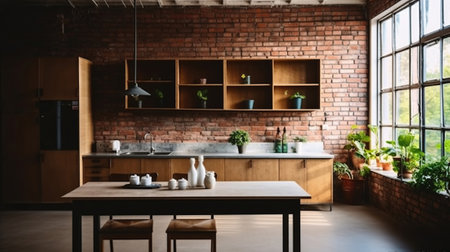 Modern kitchen interior with red brick wall, big window and wooden table. Generative AIの素材