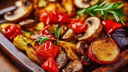 Grilled Potato Vegetable Mix Platter. Main Course Nutritious Meal Wooden Board. Cherry, Tomato, Sweet Pepper Barbecue. Generative AIの素材