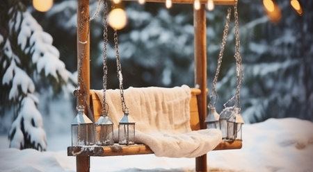 Empty wooden swing in a snow-covered park or a forest with spruce trees and stumps, big candles in glass vases, while snowing. Generative AIの素材