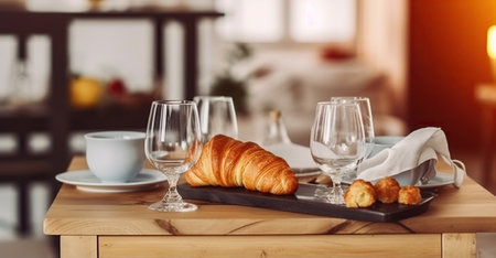 Dinner Setting on Wooden Kitchen Table. Romantic Breakfast in Empty Dining Room Interior. Generative AIの素材