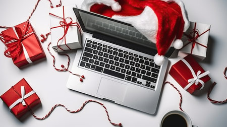 Workspace with laptop and santa hat and christmas gifts on white background. Holiday online shopping concept. Generative AIの素材