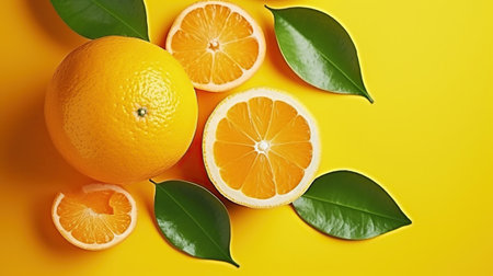 Juicy organic whole and halved oranges with green leaves and visible core texture, isolated yellow background, Macro shot of bright citrus fruit slices. Generative AIの素材