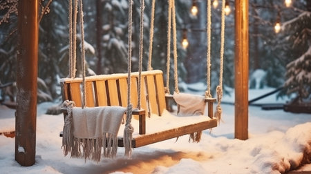 Capturing the Magic of a Snow-Covered Park, with an Abandoned Wooden Swing, Spruce Trees, and Illuminated Glass Vases. Generative AIの素材