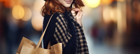 Confident Redhead Girl Flaunting Her Shopping Bags with Fashionable Flair. Generative AIの素材