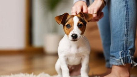 Cropped shot of young woman standing with her adorable jack russell terrier puppy at home in living room full of natural sunlight. Lofty interior background, Generative AIの素材