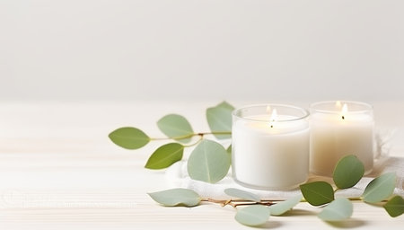 Minimal spa treatment composition. White burning aroma candle, cotton boll and eucalyptus leaves on white wood textured table background. Feminine relaxing atmosphere. Generative AIの素材