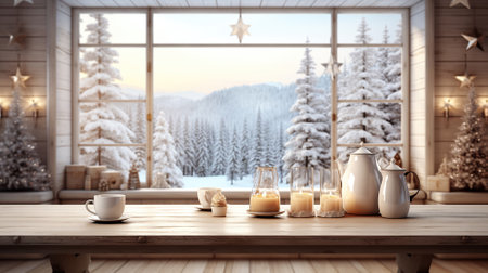An empty wooden table is displayed against a Scandinavian-style, light Christmas kitchen. Background of Christmas. The product montage is prepared. Generative AIの素材