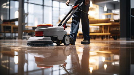 Worker Washing Office Floor with Cleaning Machine. Generative AIの素材