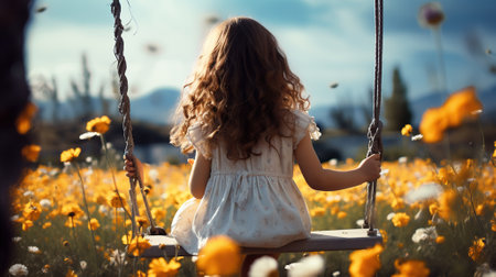 Back View A beautiful little girl swinging in flowers field on sunny summer day. Generative AIの素材