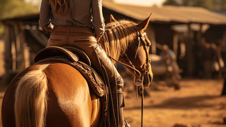 Woman and Horse Unite with Leather- Covered Western Saddle Stirrups. Generative AIの素材