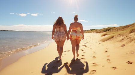 Back View Female friends couple with obesity walks along seacoast at sandy beach, beautiful sunlight on seashore, Generative AIの素材