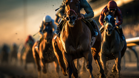 Galloping Horses Compete for Victory on the Racetrackの素材
