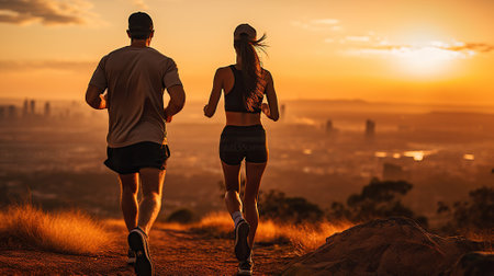 A Couple's Outdoor Running Journey at Sunset. Generative AIの素材