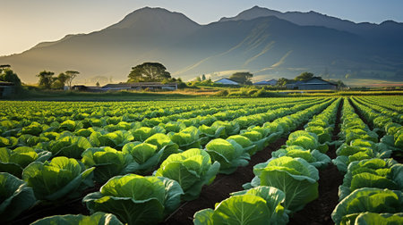 Field of organic lettuce growing in a sustainable farm with beautiful mountains in morning. Generative AIの素材