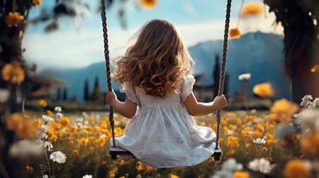 A Sunny Summer Day with a Little Girl Swinging Amidst Flowers. Generative AIの素材