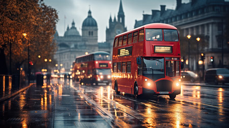 The Iconic Double Decker Bus Graces the Wet Streetsの素材