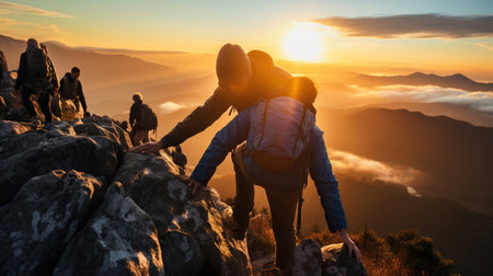 Helping each other, friend giving a helping hand while climbing up on the mountain rock. adventure travel concept of friendship support trust, teamwork success.の素材