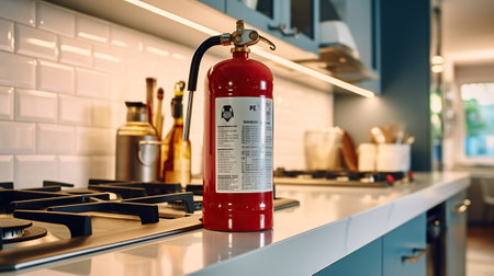 Kitchen interior with fire extinguisher and cooking unit on the white countertop. Generative AIの素材
