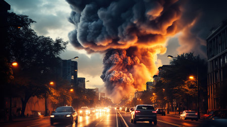Dramatic evening big city landscape with fire, smoke and tornado. Long exposure and blurred car headlights. Disaster concept. Generative AIの素材