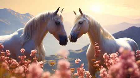 Horses couple graze on mountains flowers field, sunlight background. loving horse couple kissing on among blooming meadow, love of two beautiful wild animals in hillsの素材