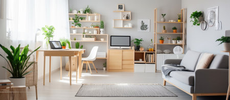 Modern Comforts. White Flat Interior Featuring Grey Sofa and Wooden Accentsの素材