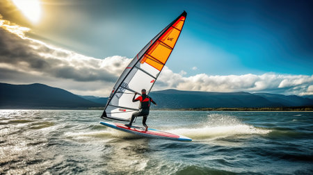 Windswept Serenity. Windsurfing Amidst Nature's Beauty with Billowing Sailの素材
