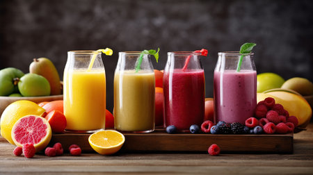 Vibrant Stripes of Wellness. Colorful Fruit, Vegetable, and Lemon Smoothiesの素材