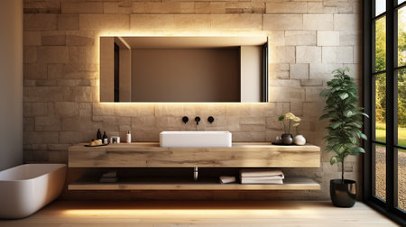 Rustic Elegance, Wood-Crafted Bathroom Oasis with LED-Lit Mirror. Generative AIの素材