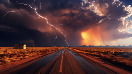 Thunderstorm and lightning over abandoned road in the desert. Generative AIの素材