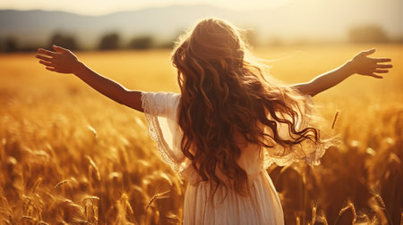 Beautiful Girl Outdoors raising hands in sunlight rays. Autumn Girl enjoying nature on the fieldの素材