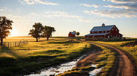 Journey Through Rustic Beauty, dirt road between rustic barns on a beautiful farmの素材