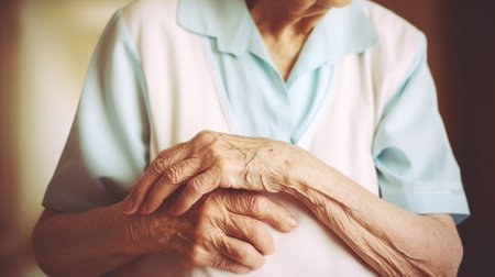 Senior woman, aged wrinkled skin and hands of her care giver. Grand mother everyday life. Mature female in elderly care facility gets help from hospital personnel nurseの素材