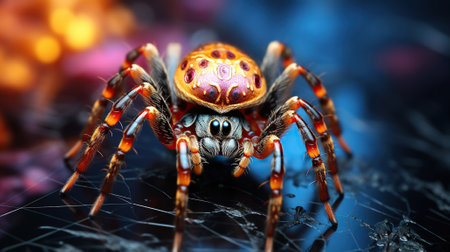 Spider in the center of its web on a colorful blurred background. Generative AIの素材