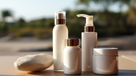 Elegance in Harmony, Mockup of Perfume and Cream Bottles for a Luxurious Experience. Generative AIの素材