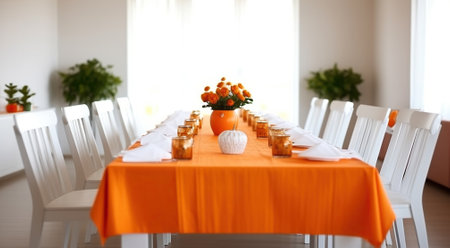 Long dining room table covered with orange tablecloth and comfortable white chairs around itの素材