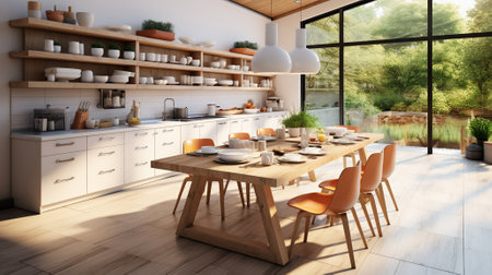 Scandinavian kitchen design with white chairs adjacent and numerous dishes and utensils on light kitchen furniture. Generative AIの素材