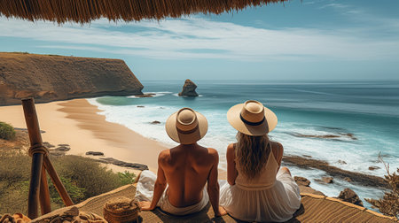 A Couple with straw hats chilling enjoying beautiful views over the ocean. Generative AIの素材