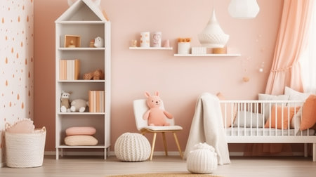 Plush Toys and Decor Adorn White Bookcase in Cozy Nurseryの素材