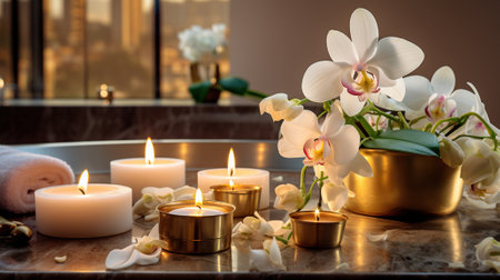Beauty Spa Retreat with Candles and Flowersの素材