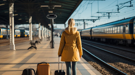 Joyful Young Adventurer Awaits Train Departure on Platformの素材