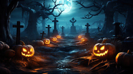 Pumpkins Cast a Mysterious Glow in the Moonlit Forest. Halloween backgroundの素材