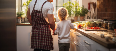 Back View of small boy with father indoors in kitchen making pancakes. Generative AIの素材