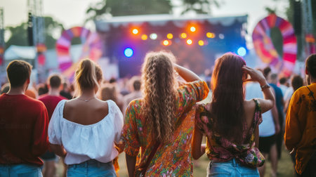 Rear view of group of young friends watching summer festivalの素材