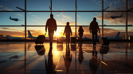 Family travel, silhouettes of people in airport, Generative AIの素材