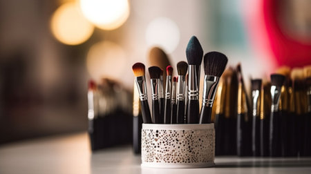 Makeup Brushes Arranged on the Table. Generative AIの素材