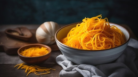 Butternut squash vegetarian noodles on rustic background. Generative AIの素材